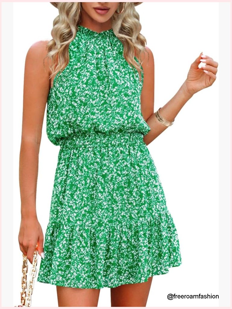 Women's Chiffon Halter Swing Mini Dress Sleeveless Flowy Summer Party Romper